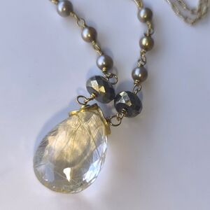 Large Natural Golden Rutilated Quartz Golden Phyrite Pearls Silver Vermeil